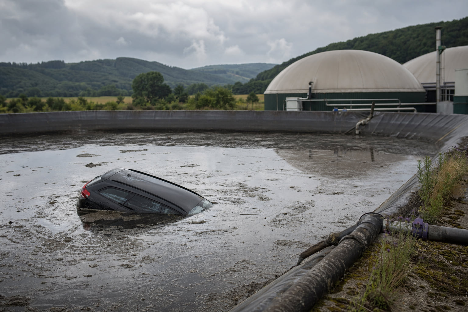Auto versinkt in Havariebecken einer Biogasanlage bei Morscheid