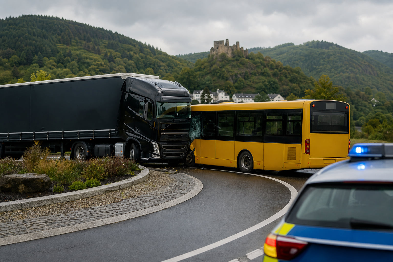 Lkw und Schulbus kollidieren im Kreisverkehr bei Niederprüm