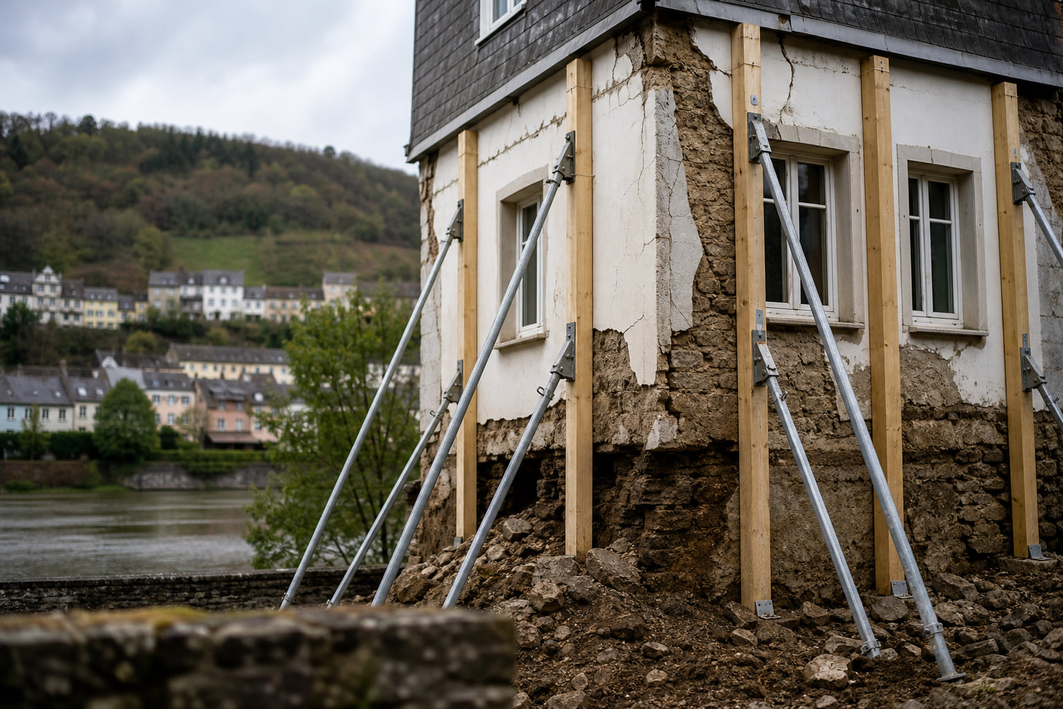 Einsturzgefahr in Ehrang: Haus nach Hochwasser gesichert